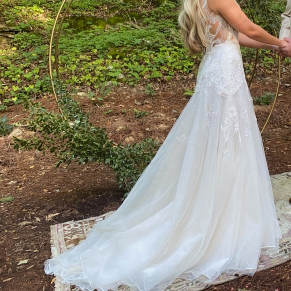 GALINA SIGNATURE Drop Waist Beaded Applique Wedding Gown